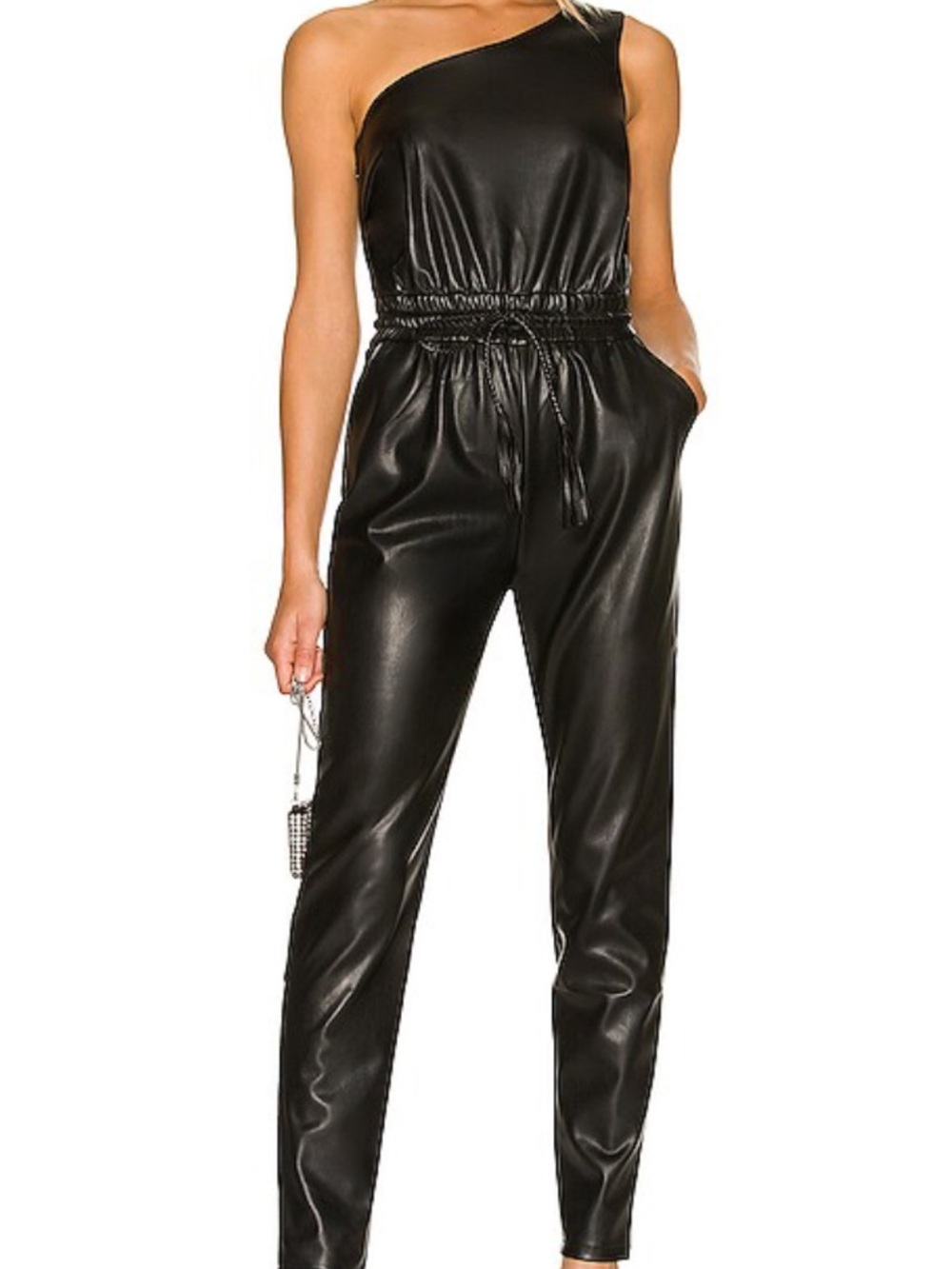 MOTHER the landslide One-Shoulder Black Faux Leather Jumpsuit small excellent